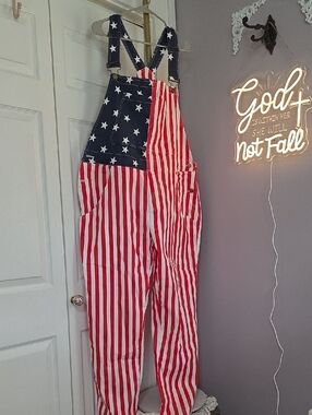 American Flag Stripe Overalls - Red, White & Blue Womens Jumpsuit XXL  BNWT